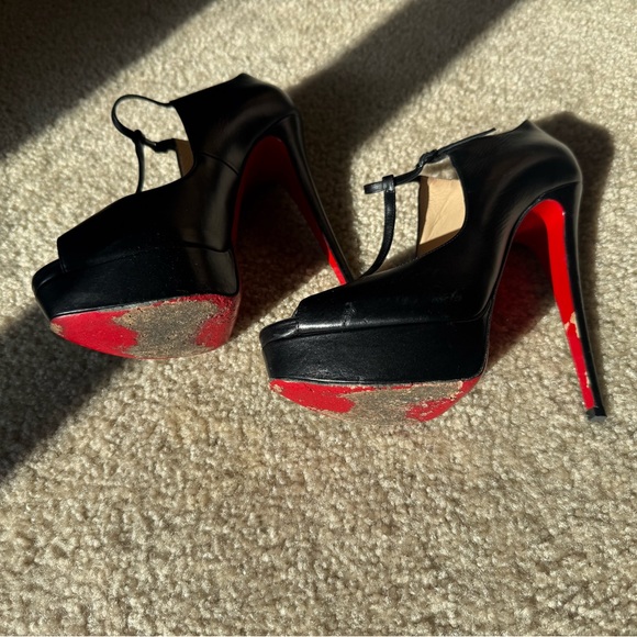 Christian Louboutin Black Peep-Toe Heels with Red Soles